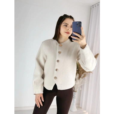 Gold Düğmeli Kaşe Ceket - EKRU