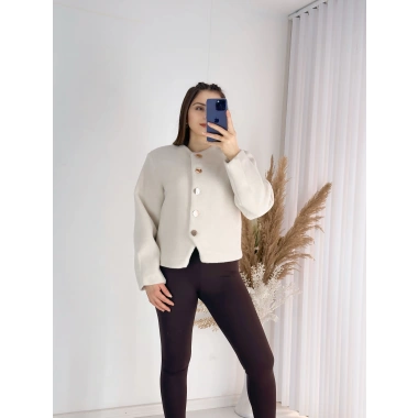 Gold Düğmeli Kaşe Ceket - EKRU