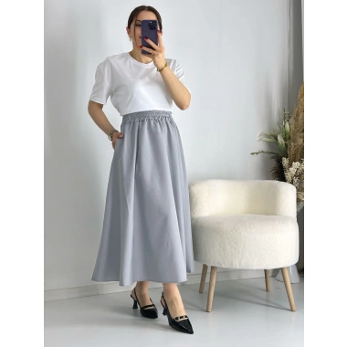 Gri Beli Lastiklı Kloş Balon Etek