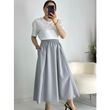 Gri Beli Lastiklı Kloş Balon Etek