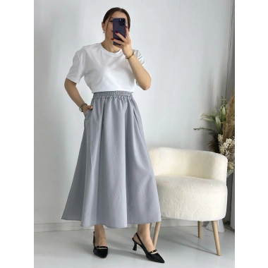 Gri Beli Lastiklı Kloş Balon Etek