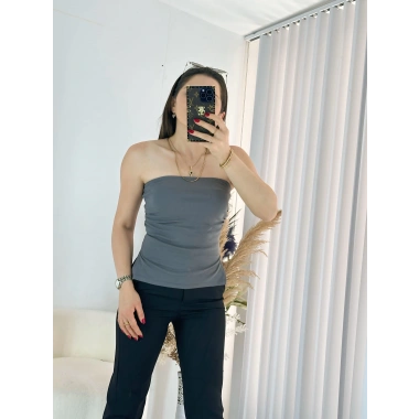 Gri Çift Yırtmaçlı Straplez Bluz