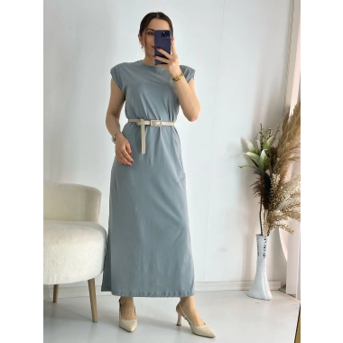 Gri Vatkalı Penye Elbise