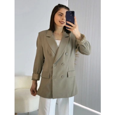 Haki Kravuze Yaka Düğmeli Premium Ceket