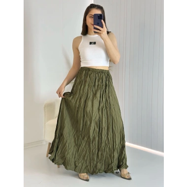 Haki Yeşil Kraşlı Pamuk Uzun Etek