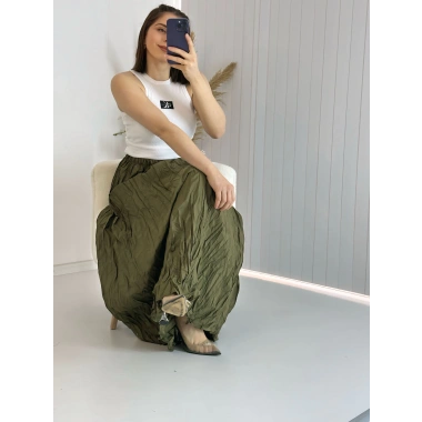 Haki Yeşil Kraşlı Pamuk Uzun Etek