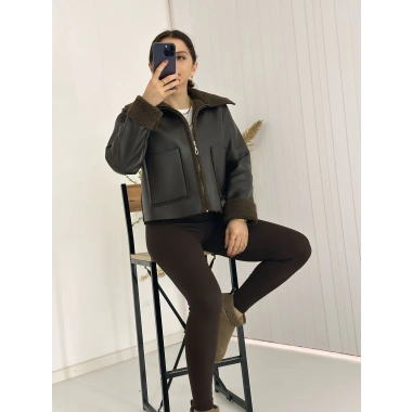 İçi Kürklü Suni Deri Biker Ceket