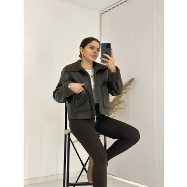 İçi Kürklü Suni Deri Biker Ceket