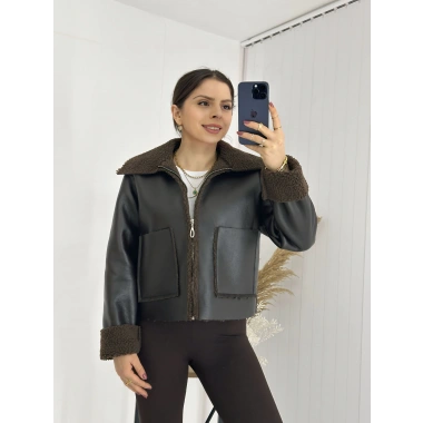 İçi Kürklü Suni Deri Biker Ceket
