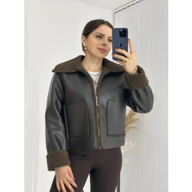 İçi Kürklü Suni Deri Biker Ceket