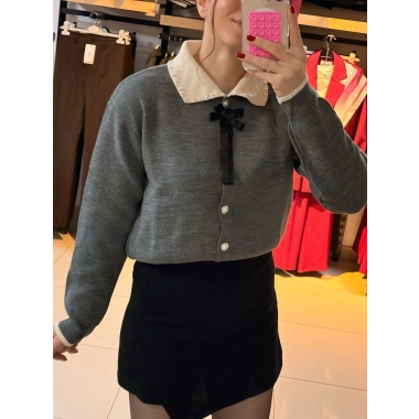 İnci taşlı Polo yaka kazak gri