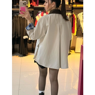 Kadife yaka ekose astar Trenç mont Bej