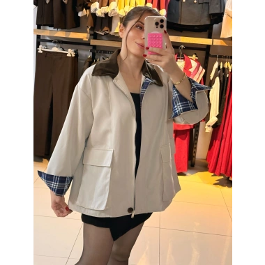 Kadife yaka ekose astar Trenç mont Bej