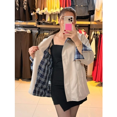 Kadife yaka ekose astar Trenç mont Bej