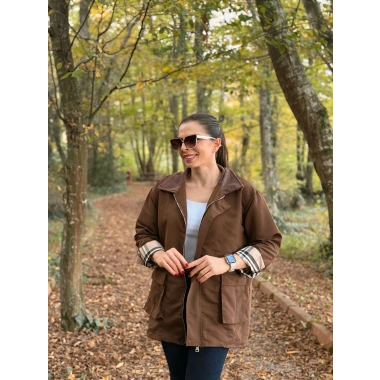 Kadife yaka ekose astar Trenç mont kahve