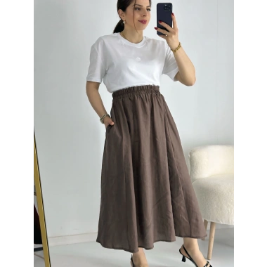 Kahve Beli Lastiklı Kloş Balon Etek