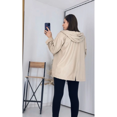 Kapşonlu Bej Deri Yağmurluk