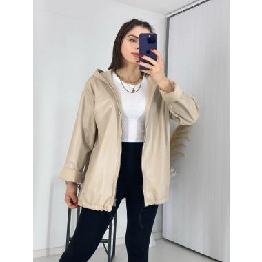 Kapşonlu Bej Deri Yağmurluk