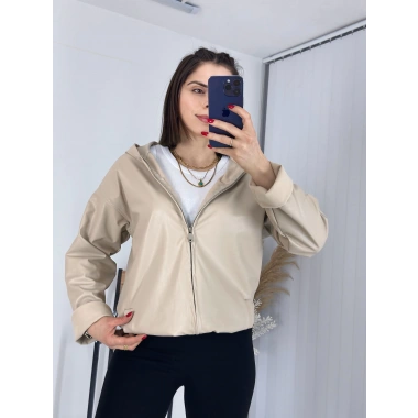 Kapşonlu Bej Deri Yağmurluk