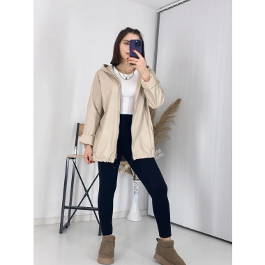 Kapşonlu Bej Deri Yağmurluk