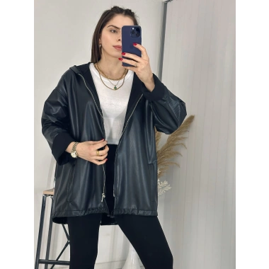 Kapşonlu Siyah Deri Yağmurluk