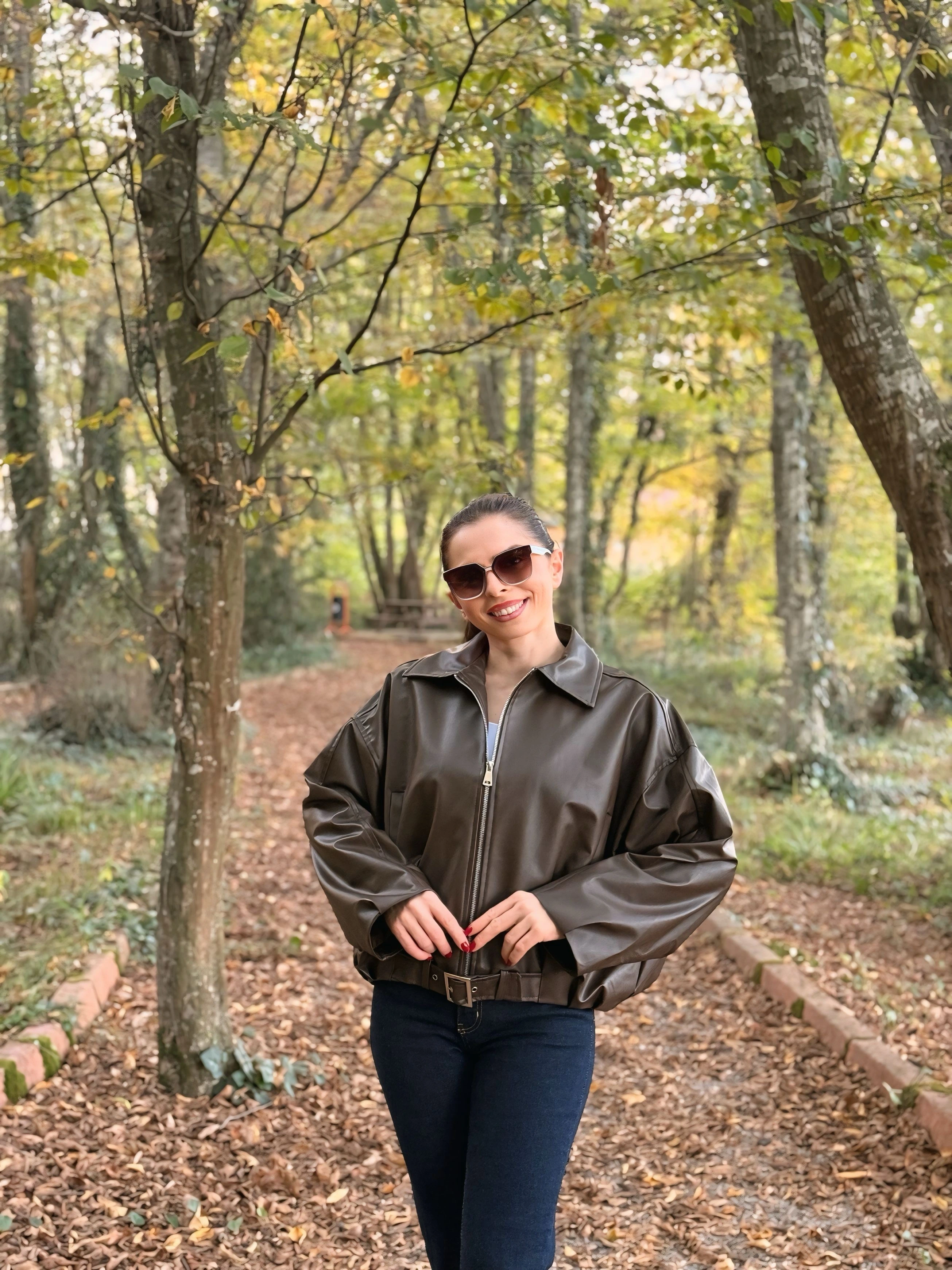 Kemer detay deri bomber ceket kahve