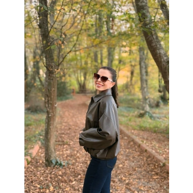 Kemer detay deri bomber ceket kahve