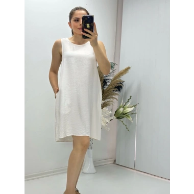 Keten Kumaş Kolsuz Elbise Beyaz