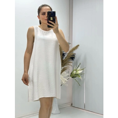 Keten Kumaş Kolsuz Elbise Beyaz