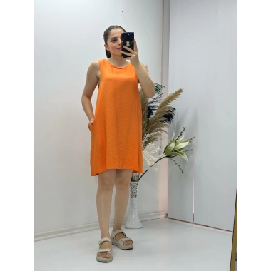 Keten Kumaş Kolsuz Elbise Turuncu