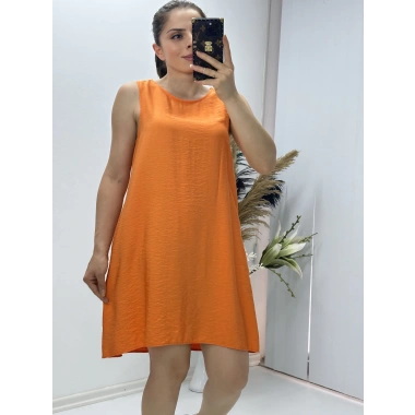 Keten Kumaş Kolsuz Elbise Turuncu
