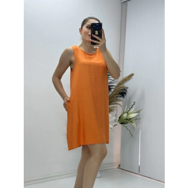 Keten Kumaş Kolsuz Elbise Turuncu