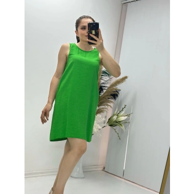 Keten Kumaş Kolsuz Elbise Yeşil