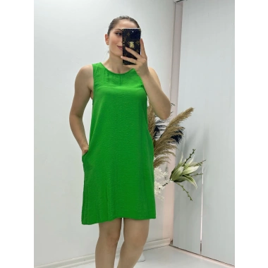 Keten Kumaş Kolsuz Elbise Yeşil