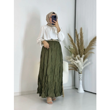 Kırışık Model Yeşil Renk Etek