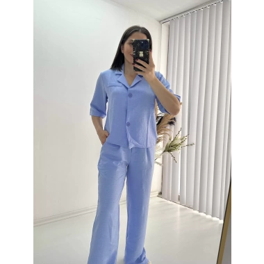 Kısa Kollu Bebe Mavi Keten Takım