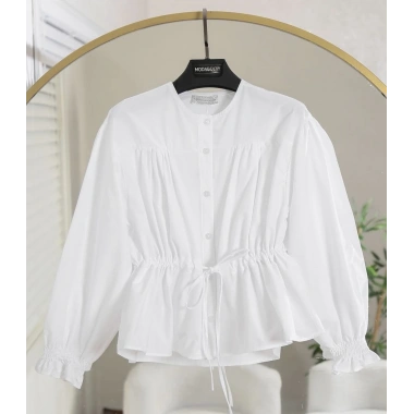 Kolları Lastikli Belden Bağlamalı Gömlek beyaz