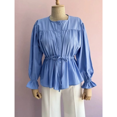 Kolları Lastikli Belden Bağlamalı Gömlek Mavi