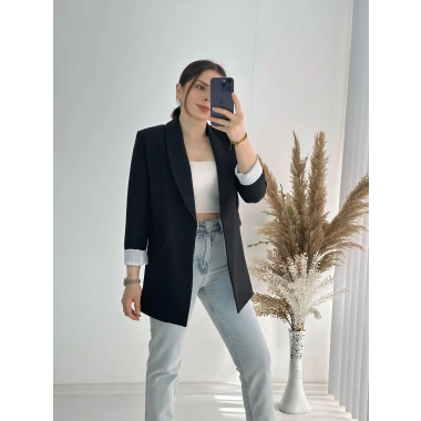 Kravuze Yaka Astar Çizgili Ceket Siyah