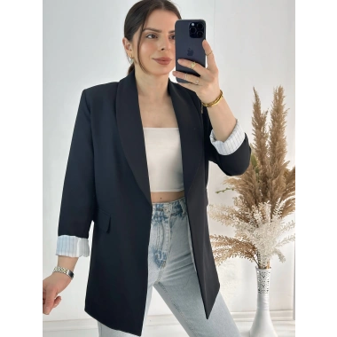 Kravuze Yaka Astar Çizgili Ceket Siyah