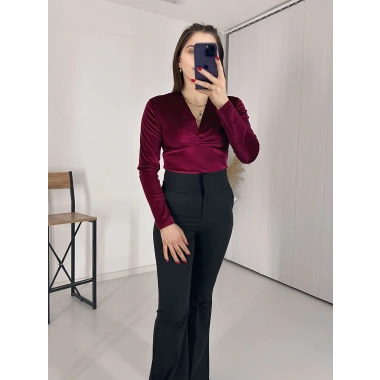 Kravuze Yaka Kadife Bluz Bordo
