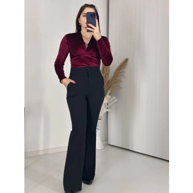 Kravuze Yaka Kadife Bluz Bordo