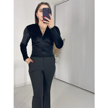 Kravuze Yaka Kadife Bluz Siyah