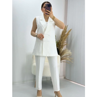 Kravuze Yaka Yelek Pantolon Takım Beyaz