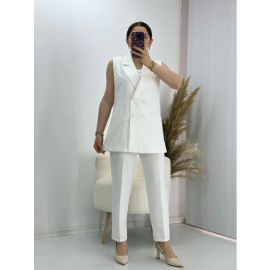 Kravuze Yaka Yelek Pantolon Takım Beyaz