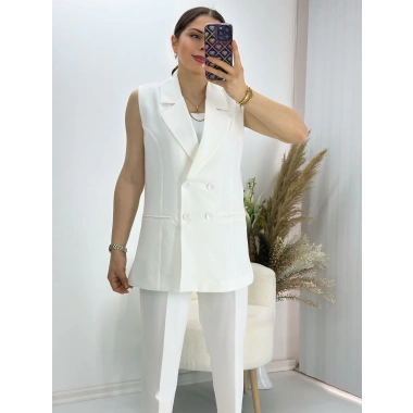 Kravuze Yaka Yelek Pantolon Takım Beyaz