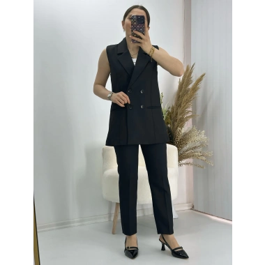 Kravuze Yaka Yelek Pantolon Takım Siyah