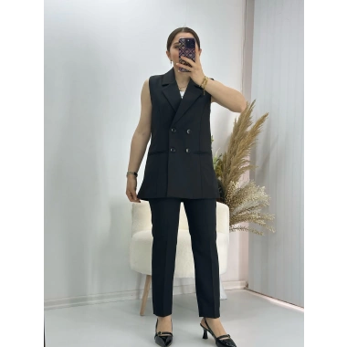 Kravuze Yaka Yelek Pantolon Takım Siyah