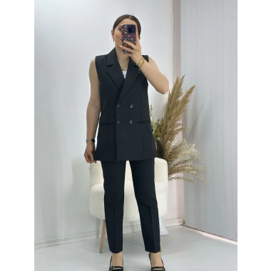 Kravuze Yaka Yelek Pantolon Takım Siyah