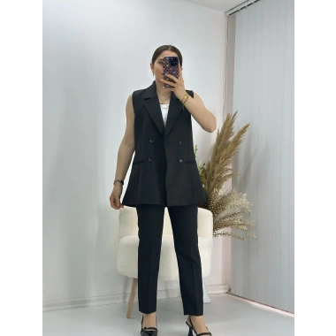 Kravuze Yaka Yelek Pantolon Takım Siyah